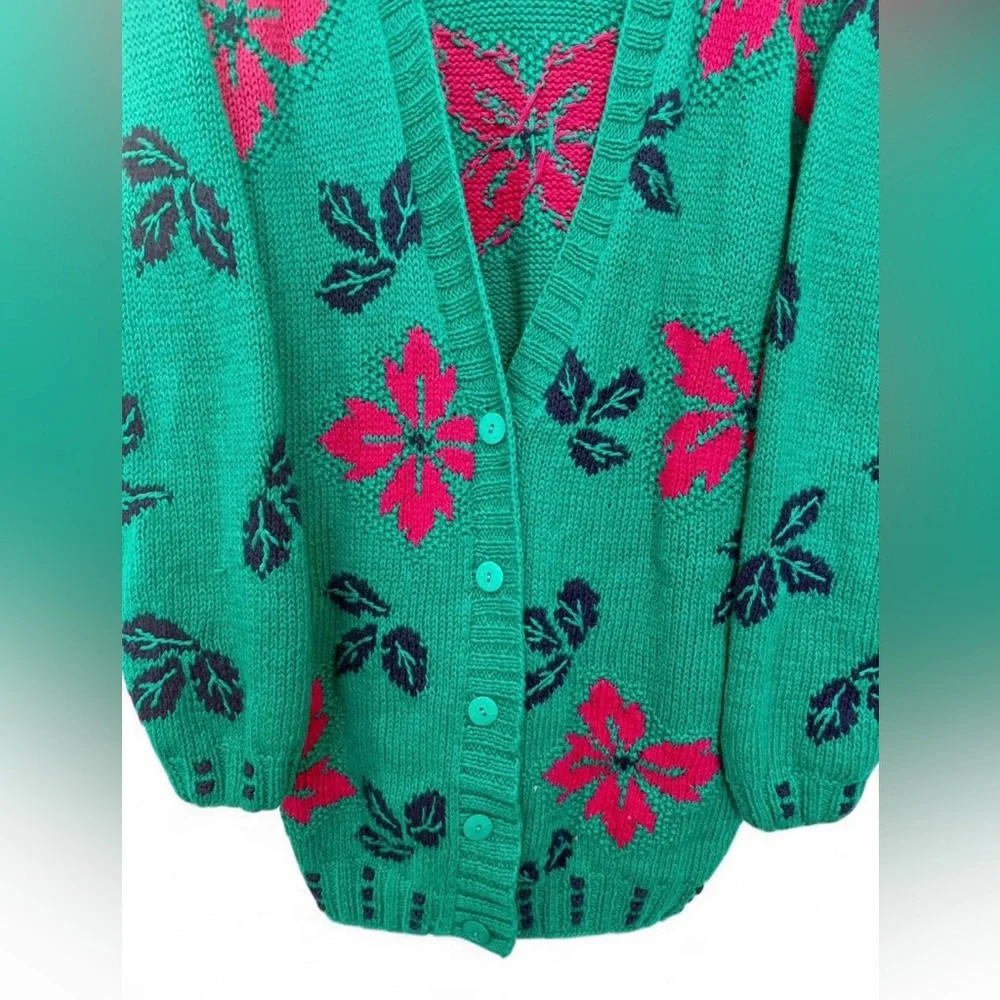 Vintage IZOD Hand Knit‎ Oversized Cardigan Sweater Large Floral Chunky Button